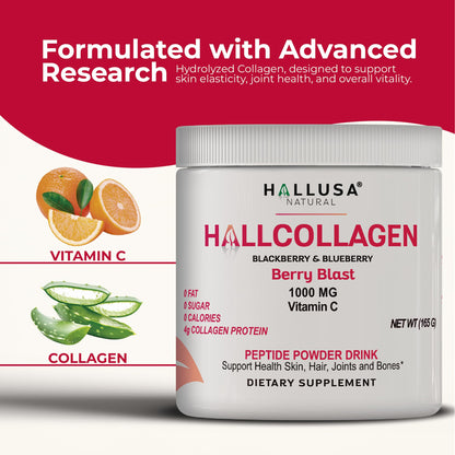 Hallusa Collagen Peptides Powder 1000mg + Vitamin C – BlackBerry & Blueberry Flavor | 4g per Serving