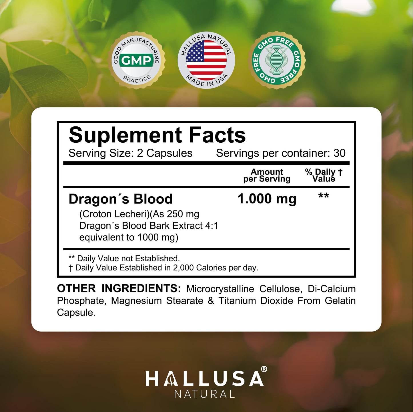 Hallusa Dragon's Blood 1000 mg Capsules – Croton Lechleri Digestive & Skin Support (60 Caps)