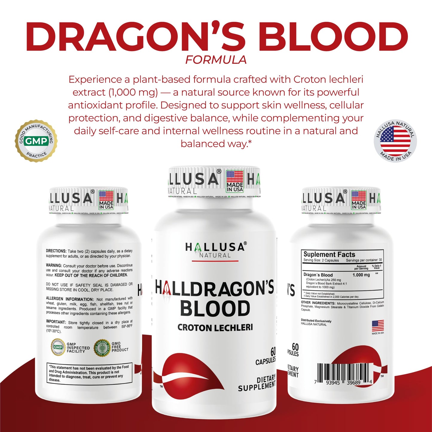 Hallusa Dragon's Blood 1000 mg Capsules – Croton Lechleri Digestive & Skin Support (60 Caps)