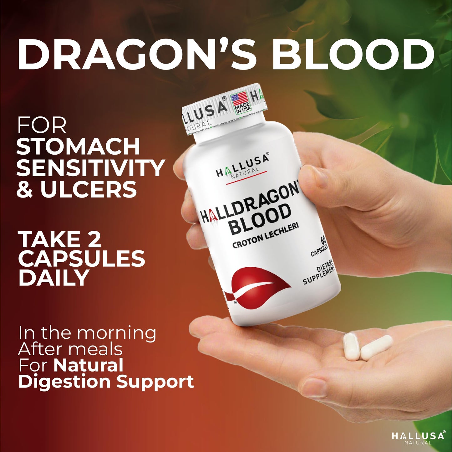Hallusa Dragon's Blood 1000 mg Capsules – Croton Lechleri Digestive & Skin Support (60 Caps)