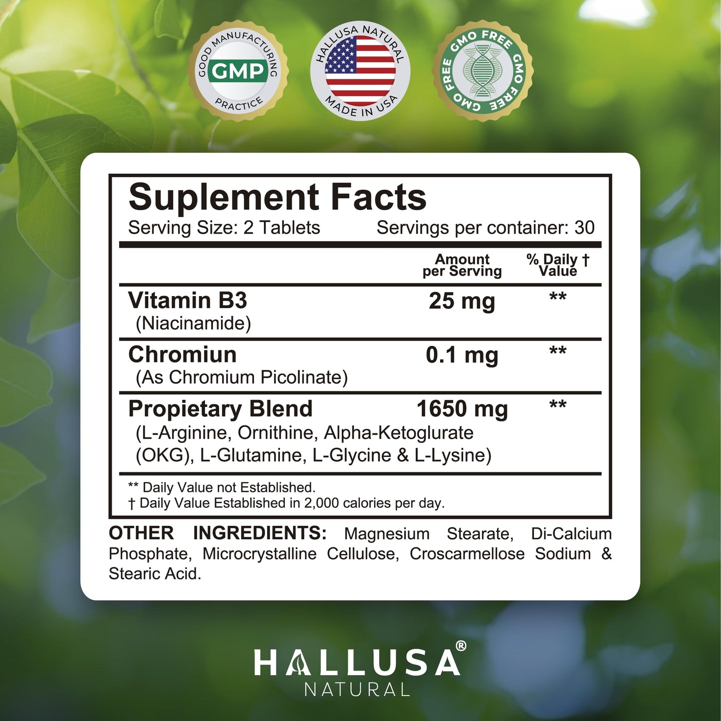 Hallusa Natural HGH Complex - Amino Acid Supplement | 60 Tablets