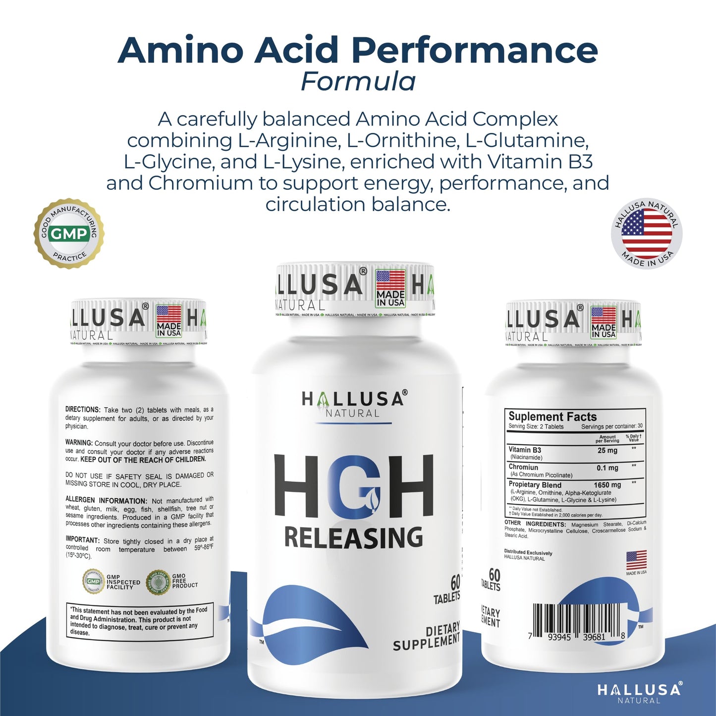 Hallusa Natural HGH Complex - Amino Acid Supplement | 60 Tablets