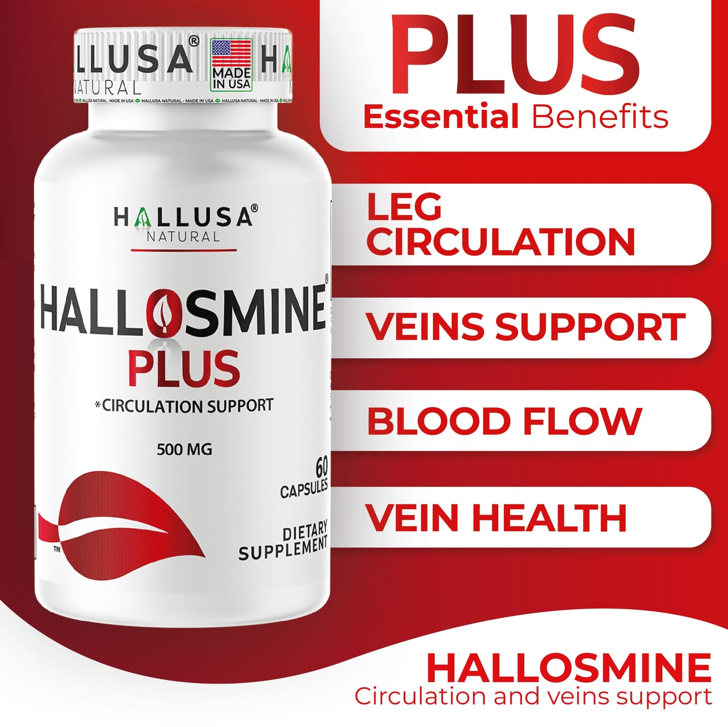 Hallusa Natural Hallosmine Plus 500mg Diosmin | Leg Circulation & Vein Support | 60 Capsules