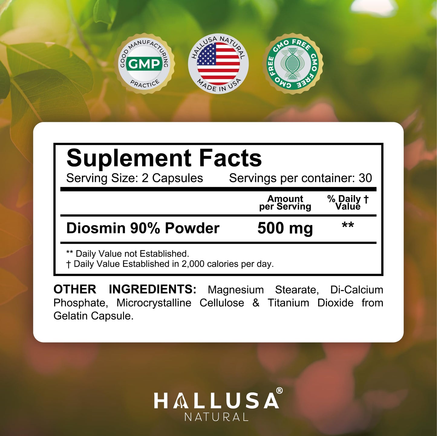 Hallusa Natural Hallosmine Plus 500mg Diosmin | Leg Circulation & Vein Support | 60 Capsules