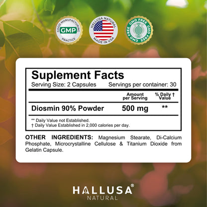 Hallusa Natural Hallosmine Plus 500mg Diosmin | Leg Circulation & Vein Support | 60 Capsules