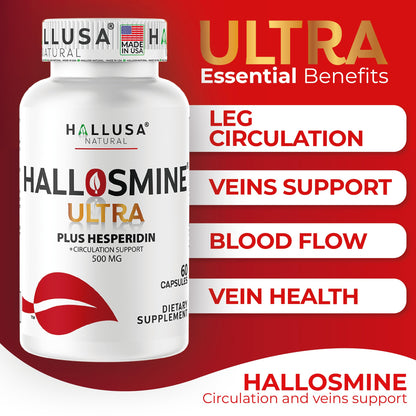 Hallusa Natural Hallosmine Ultra Diosmin 500mg & Hesperidin 150mg – Heavy Legs & Vein Support, 60 Caps