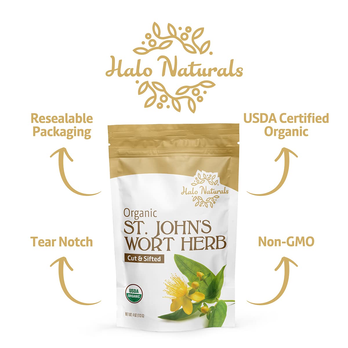 Halo Naturals Organic St. John's Wort (Hypericum perforatum) – 4 oz, USDA Organic, Resealable Pouch