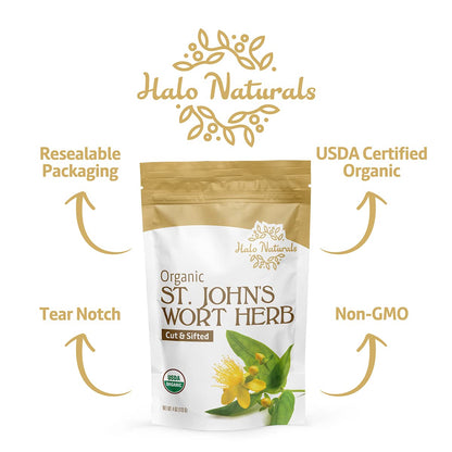 Halo Naturals Organic St. John's Wort (Hypericum perforatum) – 4 oz, USDA Organic, Resealable Pouch