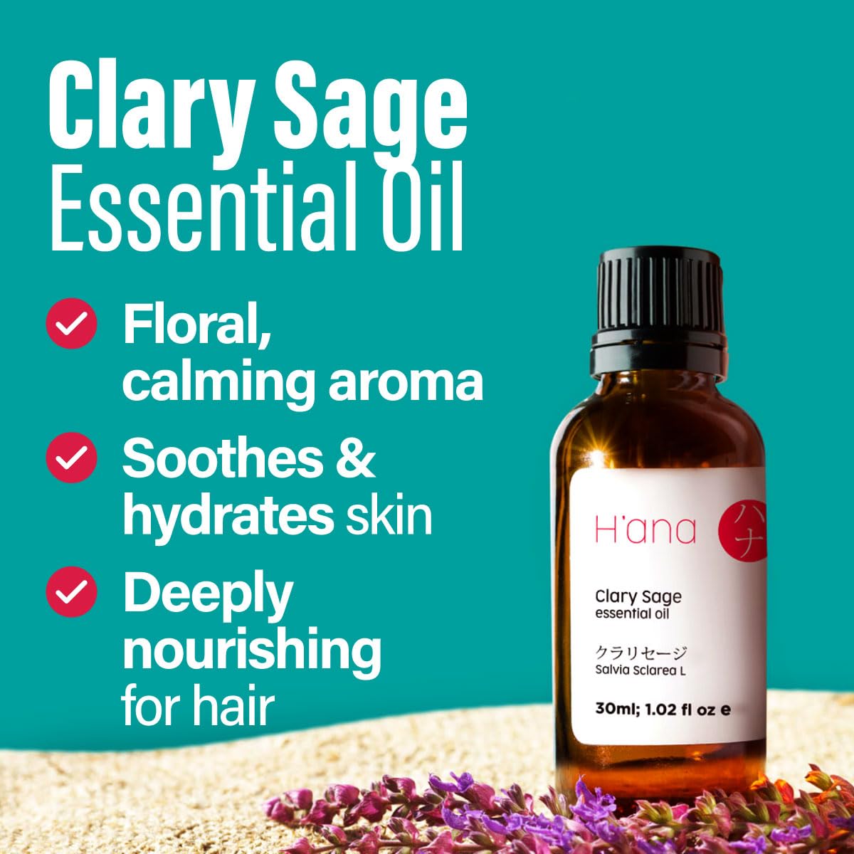H'ana Clary Sage Essential Oil 1.02 fl oz | Hair, Skin, Diffuser