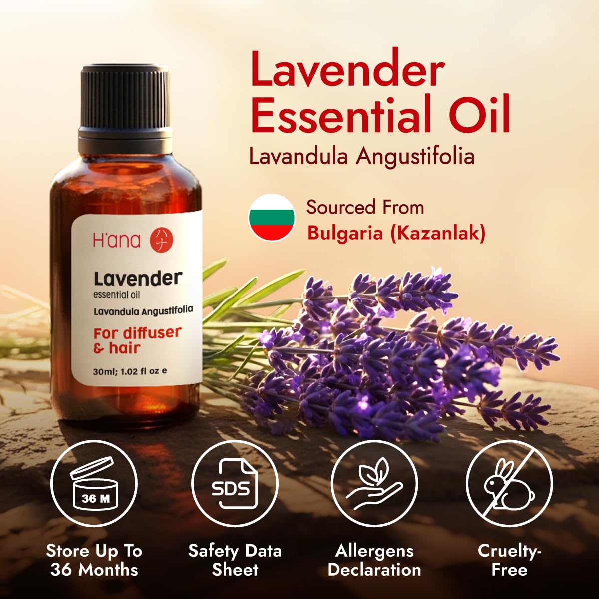 H'ana Lavender Essential Oil – 1.02 Fl Oz for Hair, Skin, Diffuser & DIY Crafts