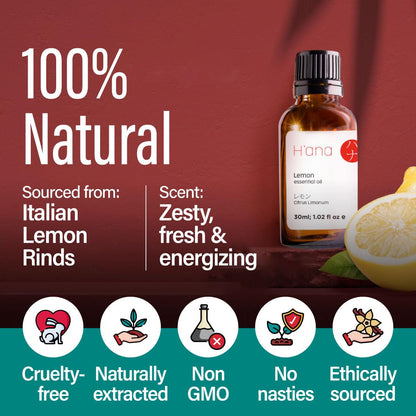 H'ana Lemon Essential Oil - 1.02 Fl Oz for Hair, Skin, Diffuser, DIY & Aromatherapy