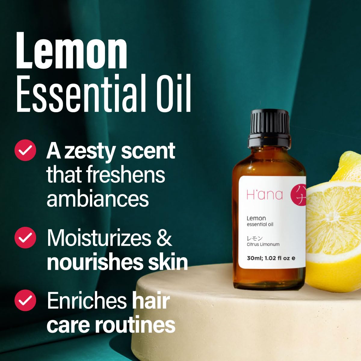 H'ana Lemon Essential Oil - 1.02 Fl Oz for Hair, Skin, Diffuser, DIY & Aromatherapy