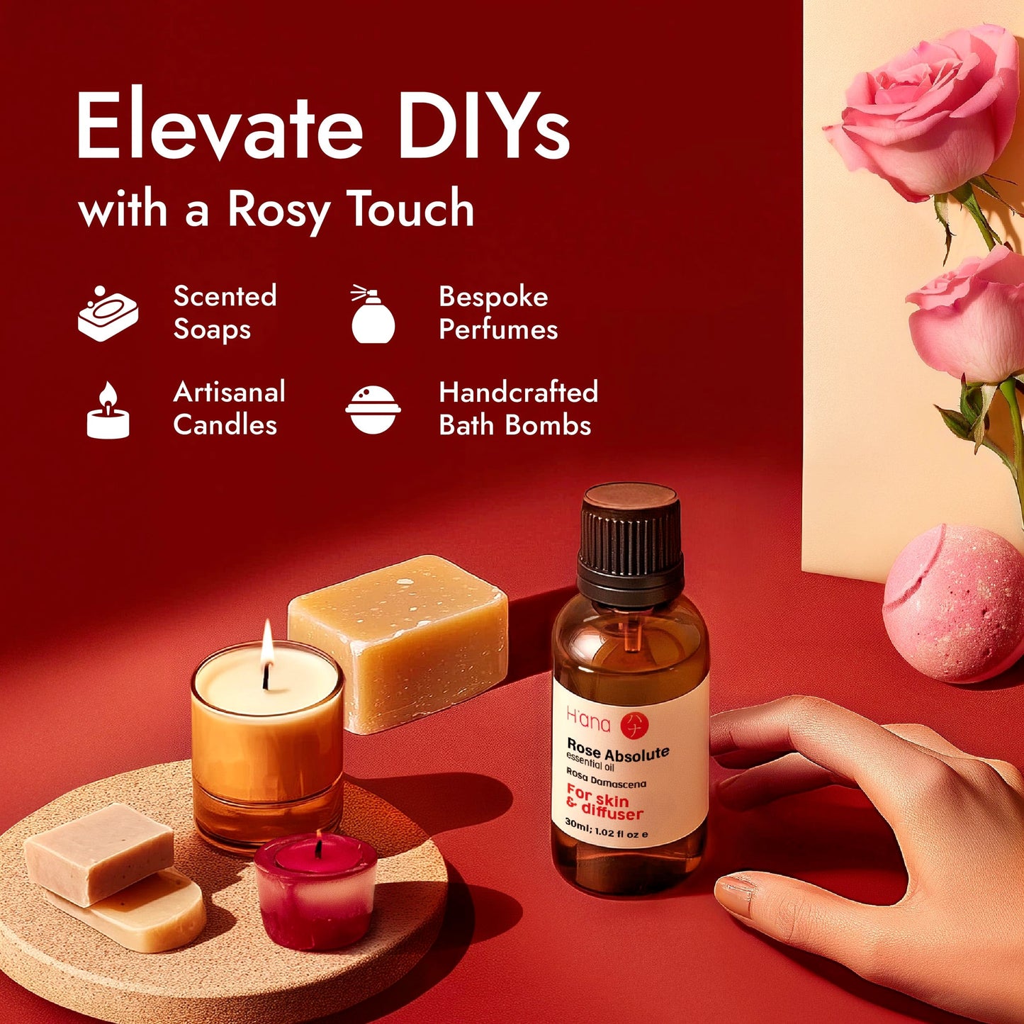 H'ana Rose Essential Oil – 1.02 Fl Oz for Hair, Skin, Diffuser & DIY