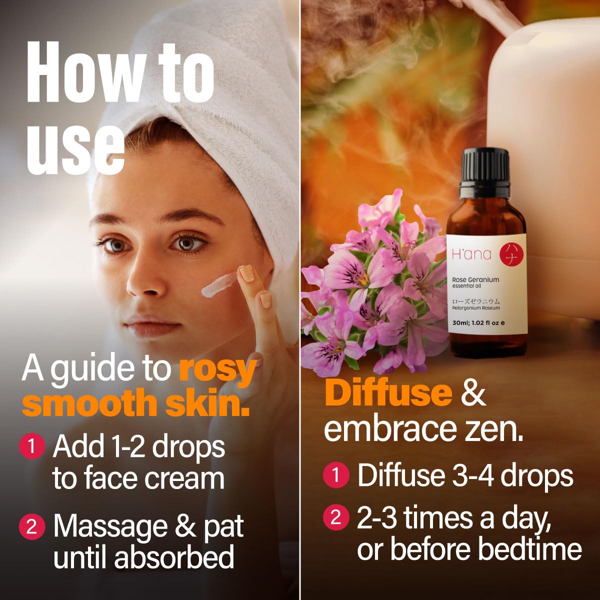 H'ana Rose Geranium Essential Oil - 1.02 Fl Oz | Hair, Skin, Diffuser & DIY