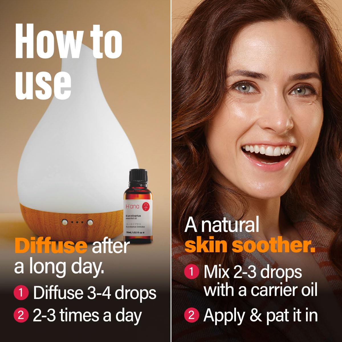 H'ana Eucalyptus Essential Oil - 1.02 Fl Oz for Hair, Skin, Diffuser & DIY
