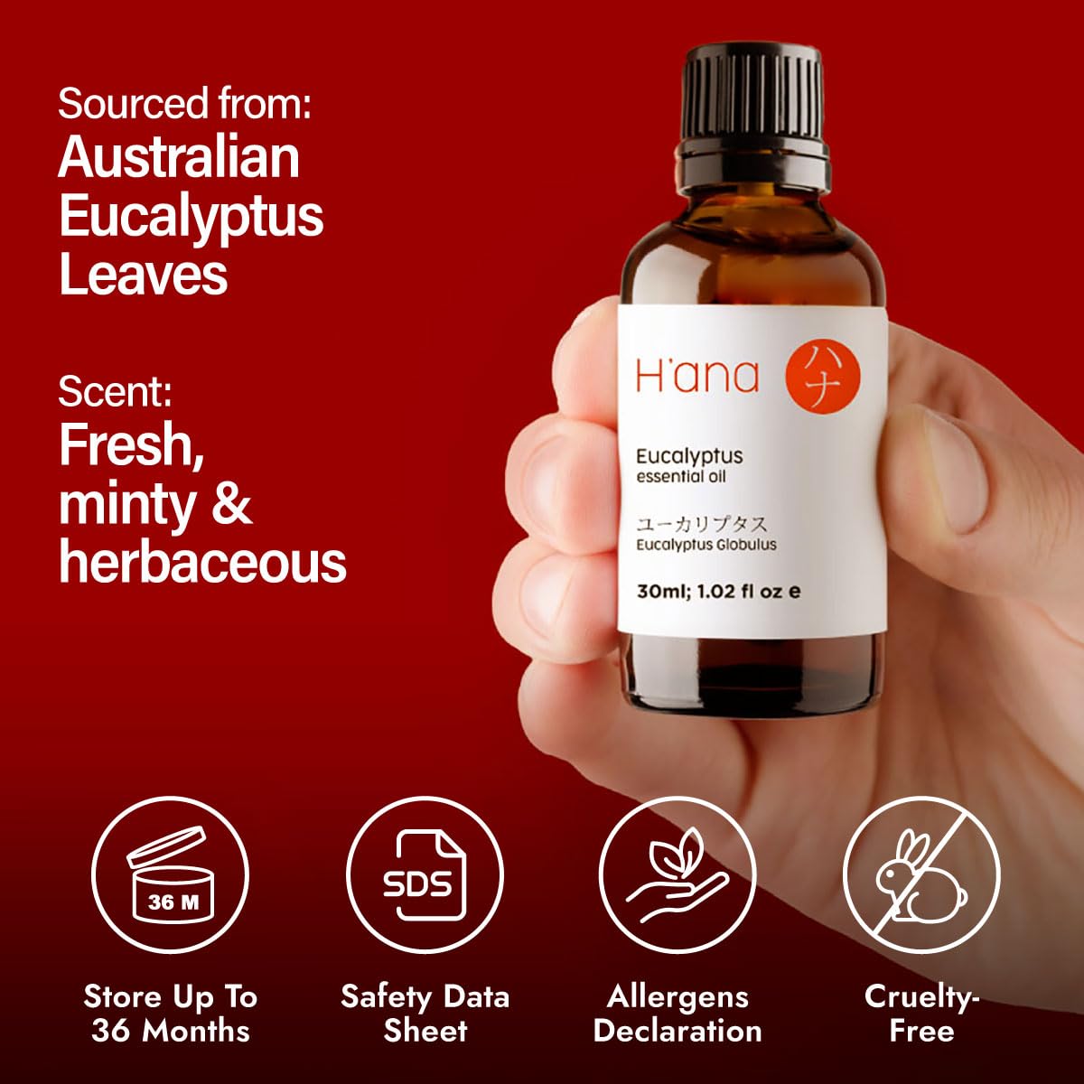 H'ana Eucalyptus Essential Oil - 1.02 Fl Oz for Hair, Skin, Diffuser & DIY