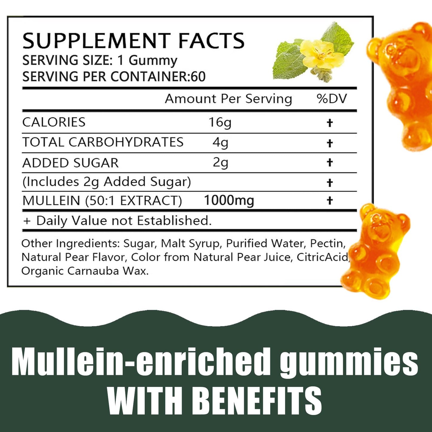 Hanachi Mullein Gummies – Daily Respiratory Health, 1000mg Mullein Leaf, Pear Flavor (30 Day Supply)