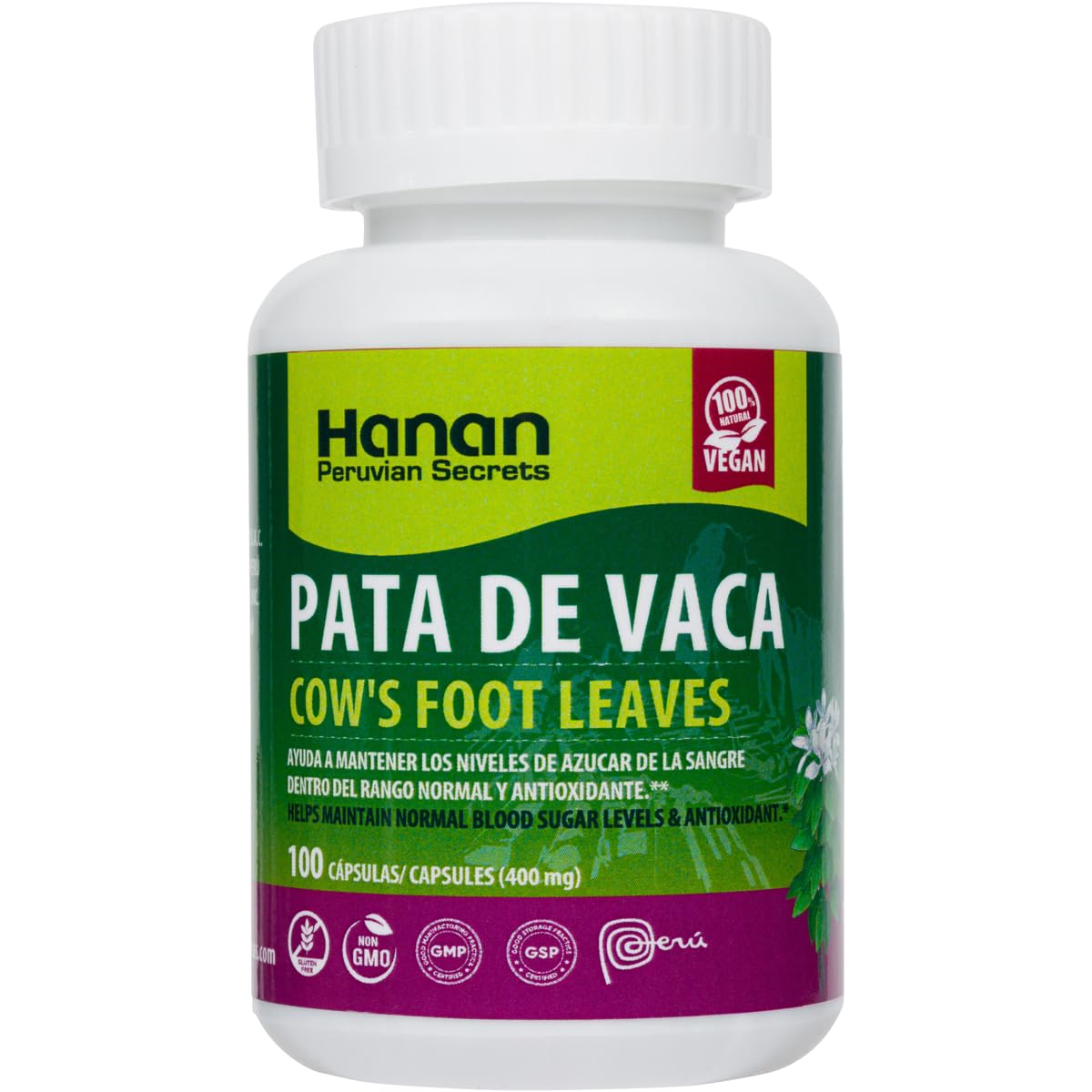 Hanan Pata de Vaca 100 Capsules – Detox & Digestive Health (Bauhinia forficata) – Vegan & Non-GMO | Peru | Pack of 2