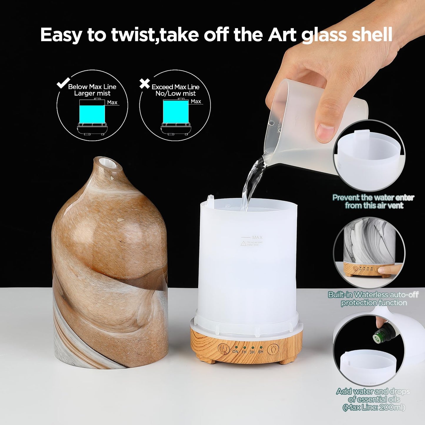 Hand Blown Glass Essential Oil Diffuser – Ultrasonic Cool Mist, Auto Shut-Off, 7-Color Night Light
