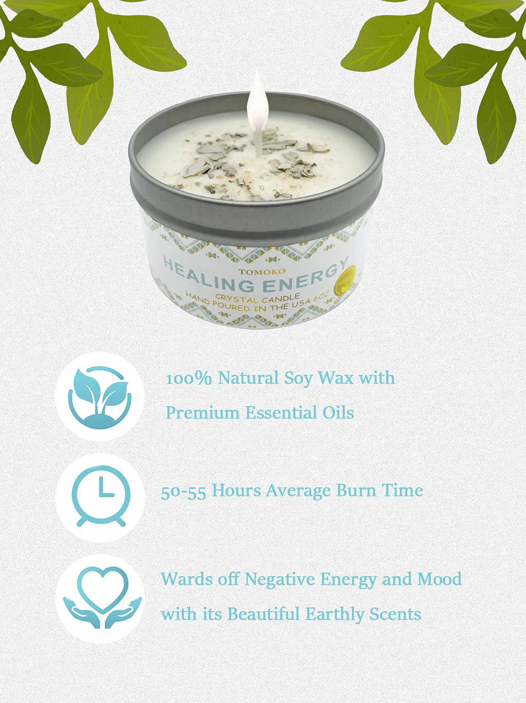White Sage Candle with Sage Leaf, Himalayan Crystal Salt & Essential Oil | Healing Energy