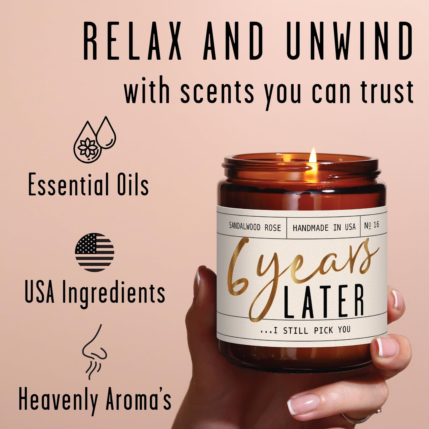 6th Anniversary Soy Candle – Sandalwood Rose, 50hr Burn, USA Made Gift for Wife