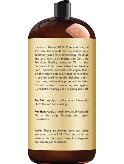 Handcraft Blends Avocado Oil – Cold-Pressed 28 oz | Pure Carrier Oil for Skin & Hair