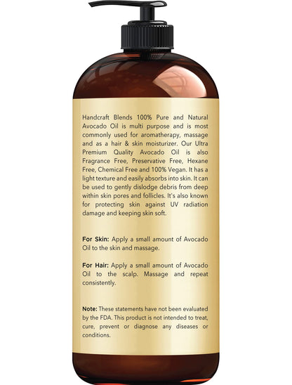 Handcraft Blends Avocado Oil - Cold-Pressed 16 Fl Oz - 100% Pure and Natural - Premium Grade Carrier Oil for Skin and Hair - Hair and Body - Massage - Hexane-Free