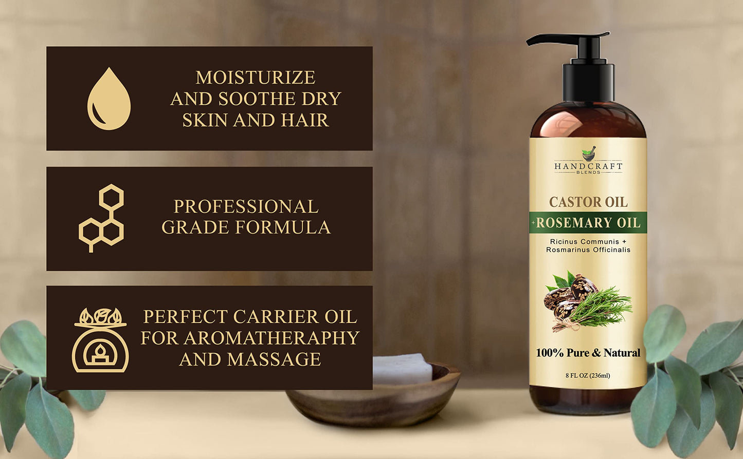 Castor Oil with Rosemary – Handcraft Blends, 8 oz | 100% Pure & Natural Carrier Oil for Hair, Eyelashes & Brows