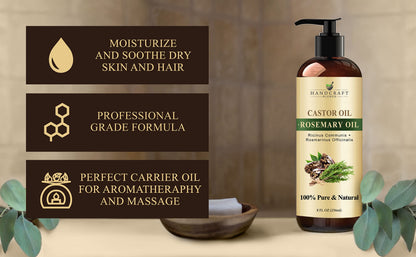 Castor Oil with Rosemary – Handcraft Blends, 8 oz | 100% Pure & Natural Carrier Oil for Hair, Eyelashes & Brows