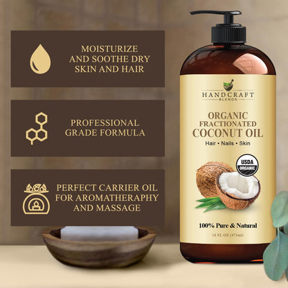 Handcraft Blends Organic Fractionated Coconut Oil - 16 Fl Oz | Pure Carrier Oil for Skin, Hair & Massage