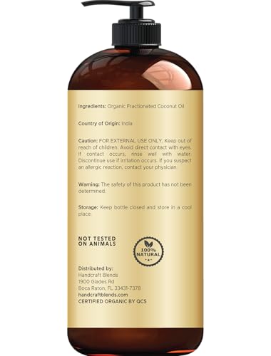 Handcraft Blends Organic Fractionated Coconut Oil - 16 Fl Oz | Pure Carrier Oil for Skin, Hair & Massage