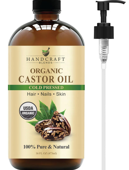 Handcraft Blends Cold-Pressed Organic Castor Oil 16 Fl Oz | Glass Bottle | 100% Pure & Natural | Premium Grade Carrier Oil | Hair, Eyelashes and Eyebrows | Hair and Body