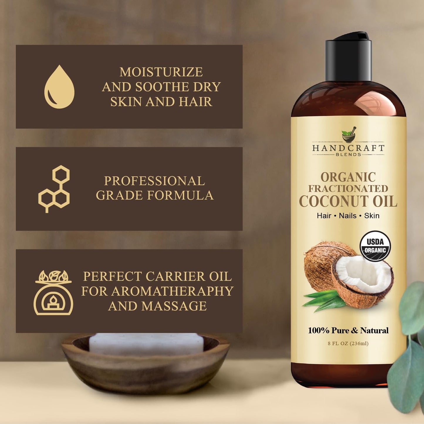 Handcraft Blends Organic Fractionated Coconut Oil - 8 Oz | 100% Pure & Natural Carrier Oil for Skin & Hair