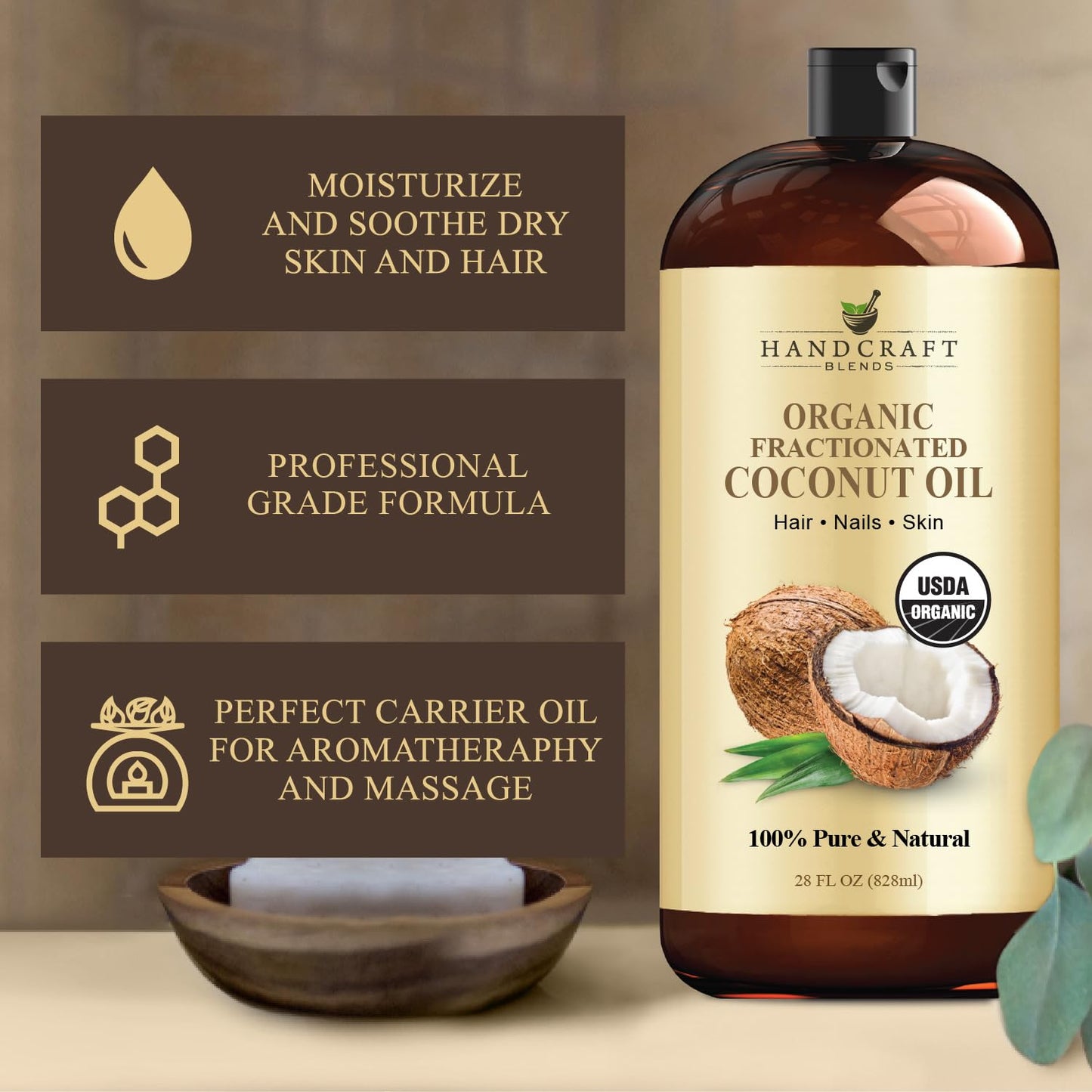 Handcraft Blends Organic Fractionated Coconut Oil - 28 Fl Oz | Pure, Natural Carrier Oil for Skin & Hair