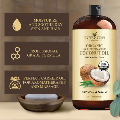 Handcraft Blends Organic Fractionated Coconut Oil - 28 Fl Oz | Pure, Natural Carrier Oil for Skin & Hair