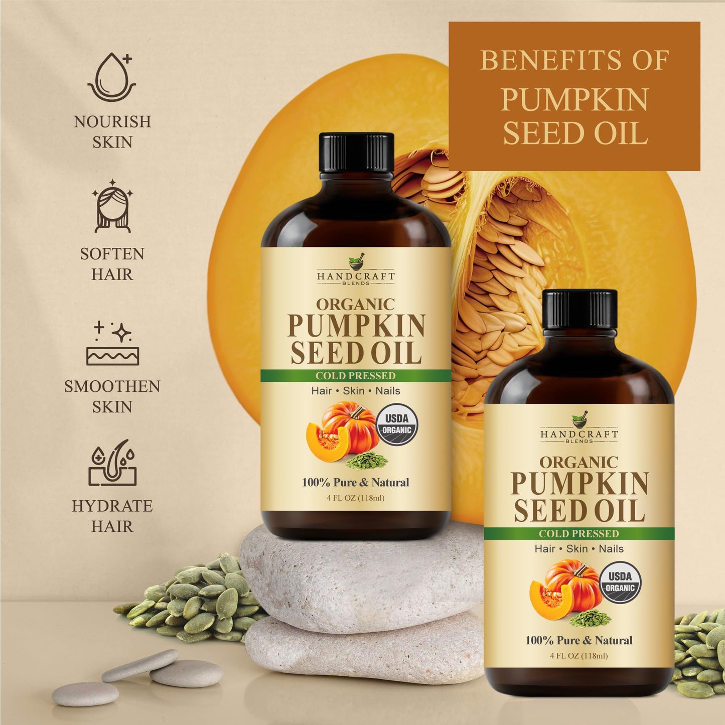 Handcraft Blends Cold-Pressed Organic Pumpkin Seed Oil – 4 Fl Oz (Pack of 3) – 100% Pure Carrier Oil for Hair, Skin, Nails & Massage