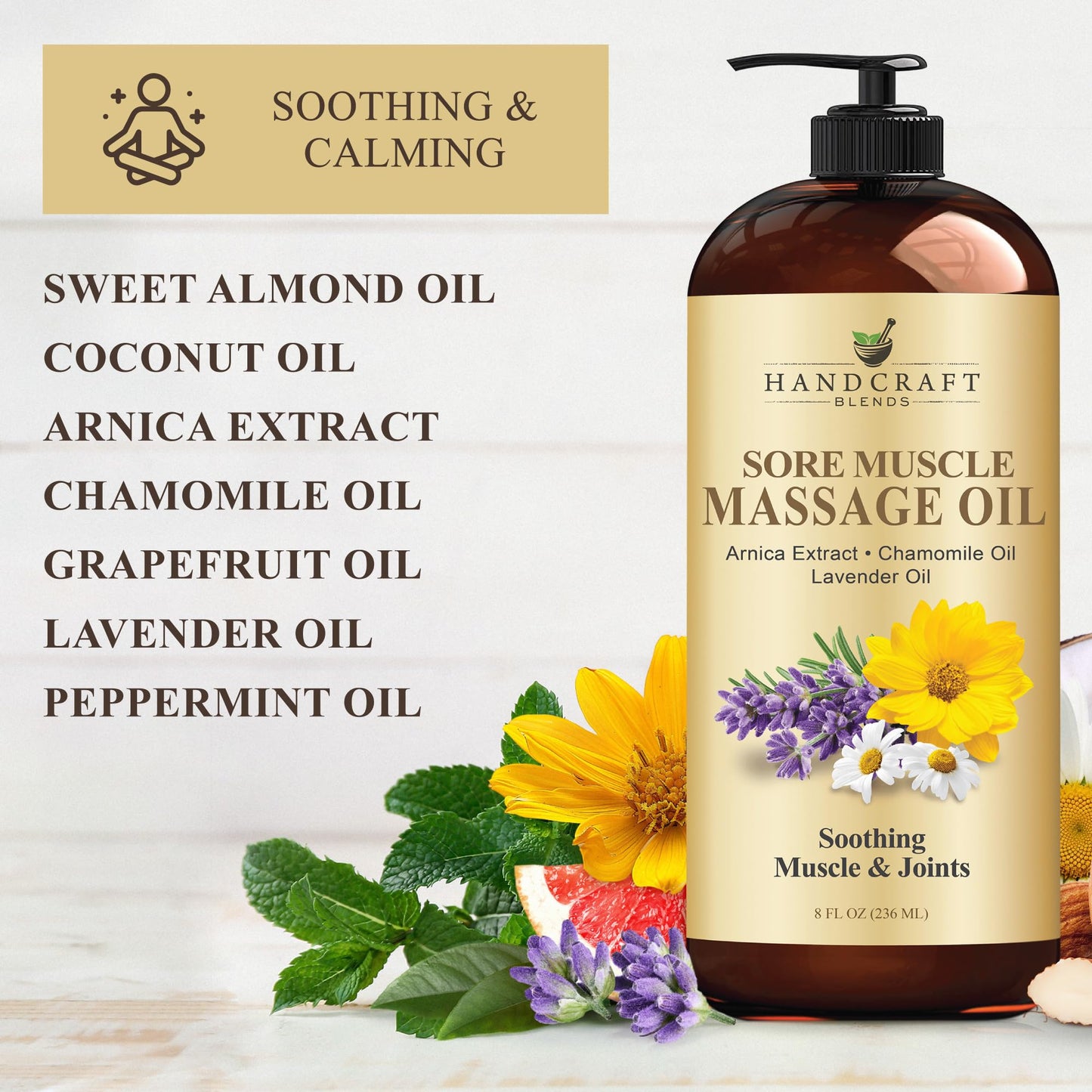 Handcraft Blends Sore Muscle Massage Oil 8oz – Arnica, Chamomile, Lavender & Peppermint
