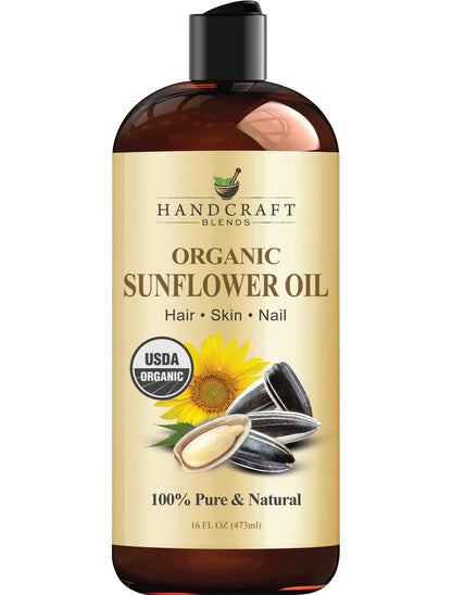 Handcraft Blends USDA Organic Sunflower Oil - Cold-Pressed 16 Oz - 100% Pure and Natural - Premium Grade Carrier Oil for Skin and Hair - Hair and Body - Massage - Hexane-Free