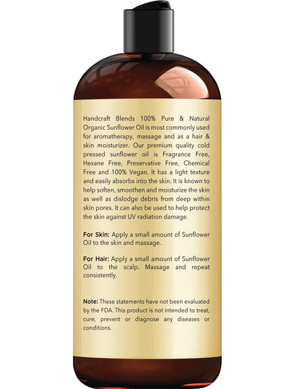 Handcraft Blends USDA Organic Sunflower Oil - Cold-Pressed 16 Oz - 100% Pure and Natural - Premium Grade Carrier Oil for Skin and Hair - Hair and Body - Massage - Hexane-Free