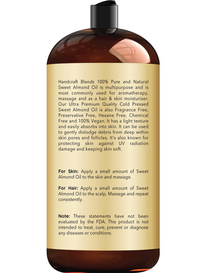 Handcraft Blends Sweet Almond Oil 28 oz - 100% Pure & Natural, Hexane-Free