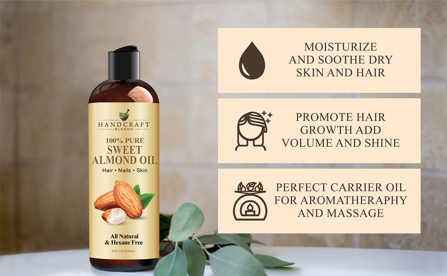 Handcraft Blends Sweet Almond Oil – 8 Fl Oz | 100% Pure & Natural Carrier Oil