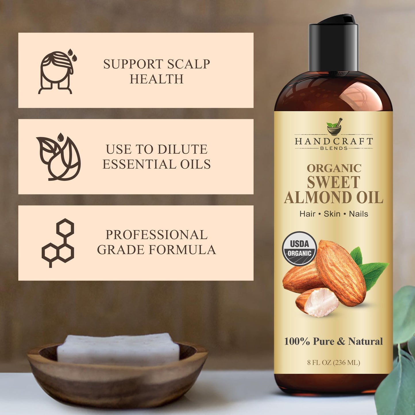 Handcraft Blends Organic Almond Oil 8oz | Pure & Natural Carrier Oil for Skin & Hair