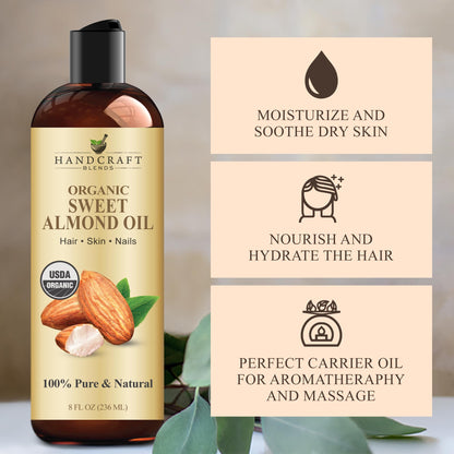 Handcraft Blends Organic Almond Oil 8oz | Pure & Natural Carrier Oil for Skin & Hair