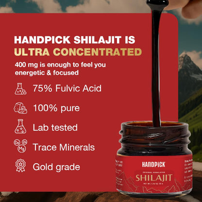 HANDPICK Himalayan Shilajit Resin | 75% Fulvic Acid, 85+ Trace Minerals | 100% Natural Supplement, 30 Grams | Non GMO, Gluten Free, Sugar Free | High Dosage of Energy of Men & Women | 400mg