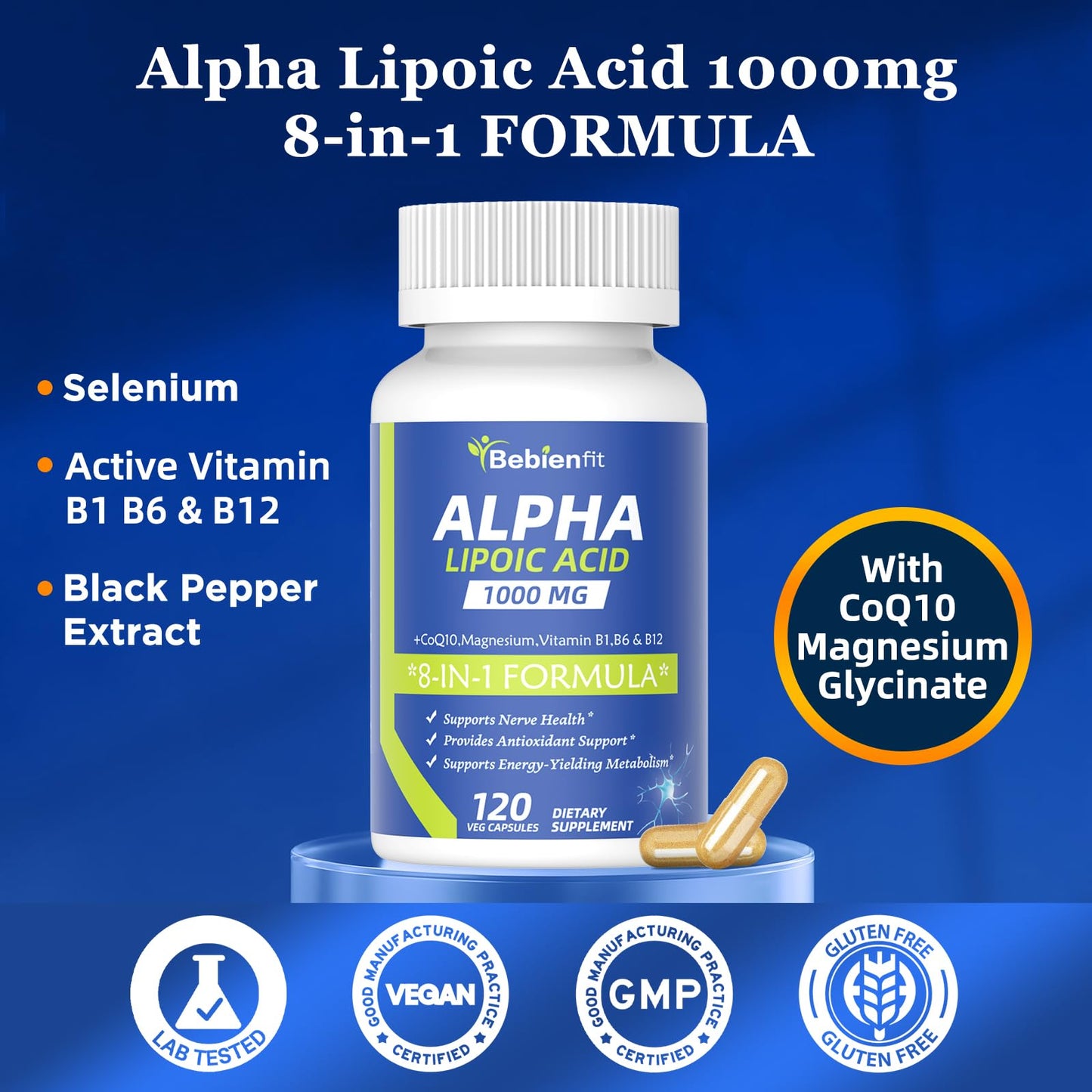 Alpha Lipoic Acid 1000mg with Magnesium Glycinate – Neuropathy Support, CoQ10 & B Vitamins – Gluten-Free Vegan 120 Caps