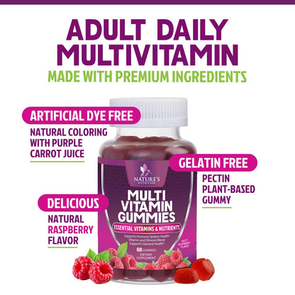 Multivitamin Gummies for Adults – Vitamins A, C, D & B12 | For Women & Men | Nature's Multi VIT Vitamin (60 Gummies)