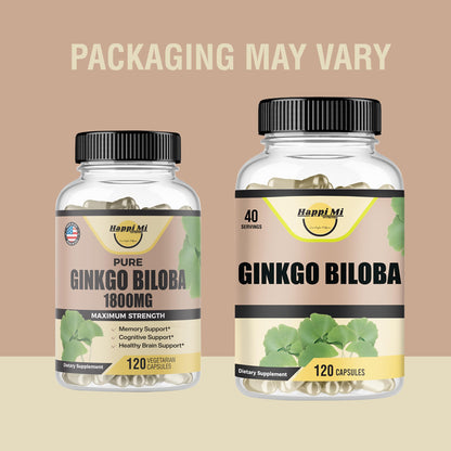 Happi Mi Nutrition Ginkgo Biloba 1800mg – Organic for Memory & Brain Function, 120 Veggie Caps, Non-GMO