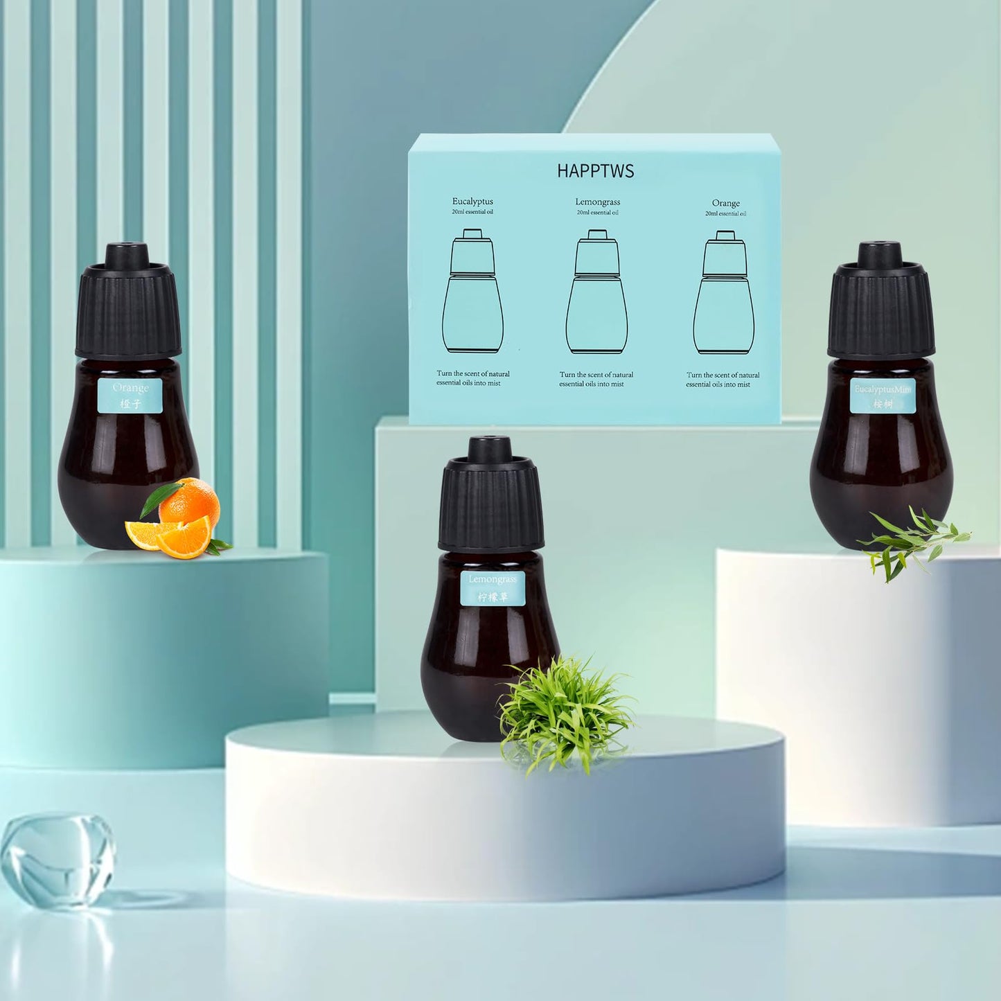 HAPPTWS Aromatherapy Essential Oil Set – 3-Piece Diffuser Oils: Eucalyptus, Lemongrass, Orange