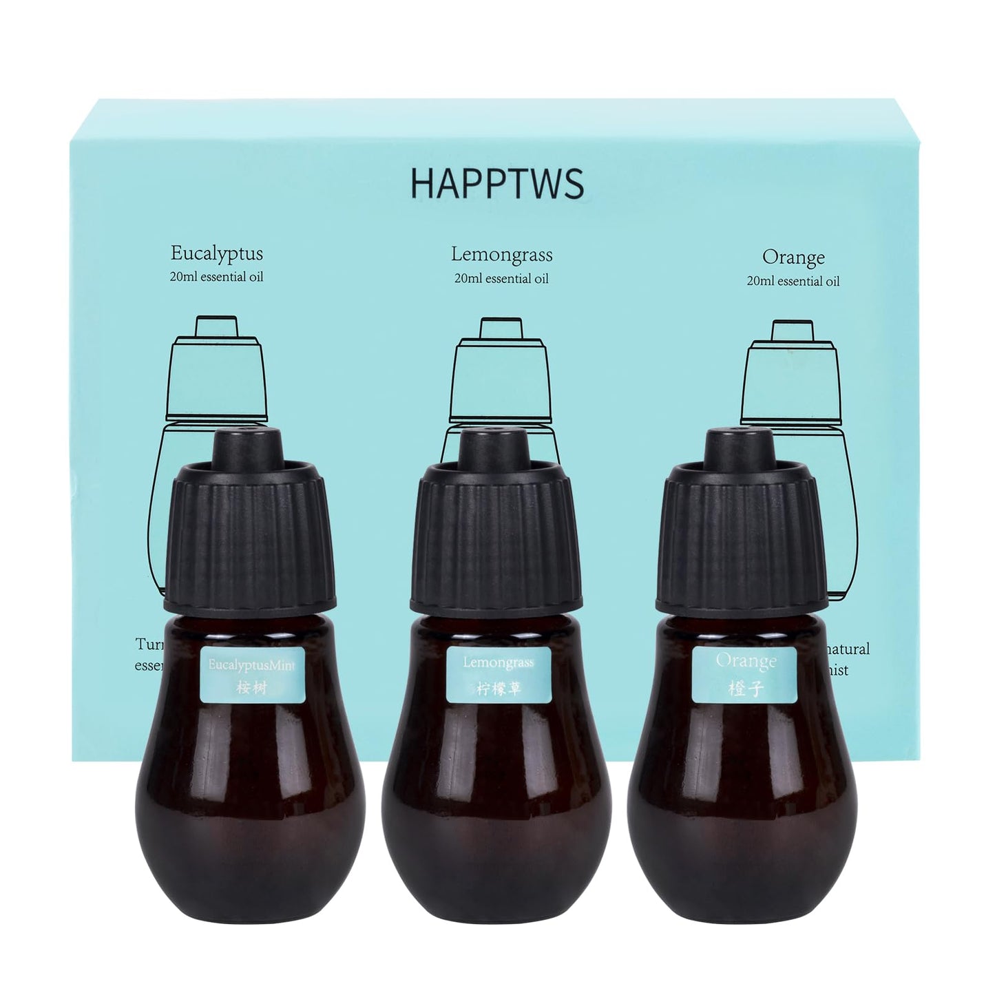 HAPPTWS Aromatherapy Essential Oil Set – 3-Piece Diffuser Oils: Eucalyptus, Lemongrass, Orange