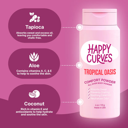 HAPPY CURVES Comfort Powder | Talc-Free Anti-Chafe Dusting Powder for Women – 4 oz Tropical Oasis